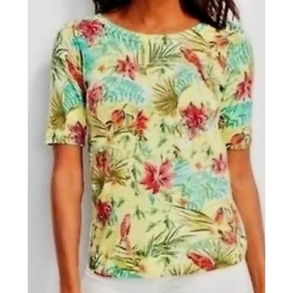 Talbots Tropical Parrot Bird Stretch Knit Blouse Short Sleeve Crew Neck, Size S - Picture 1 of 8